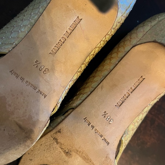Manolo Blahnik Heels Snakeskin Leather Stilettos Open Toe Gold Euro 38.5 - Picture 7 of 11